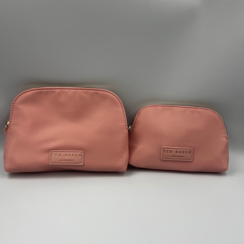 New Ted Baker London Pink Nylon Makeup Bag Set Floral Lining 2pc Dome Pouches